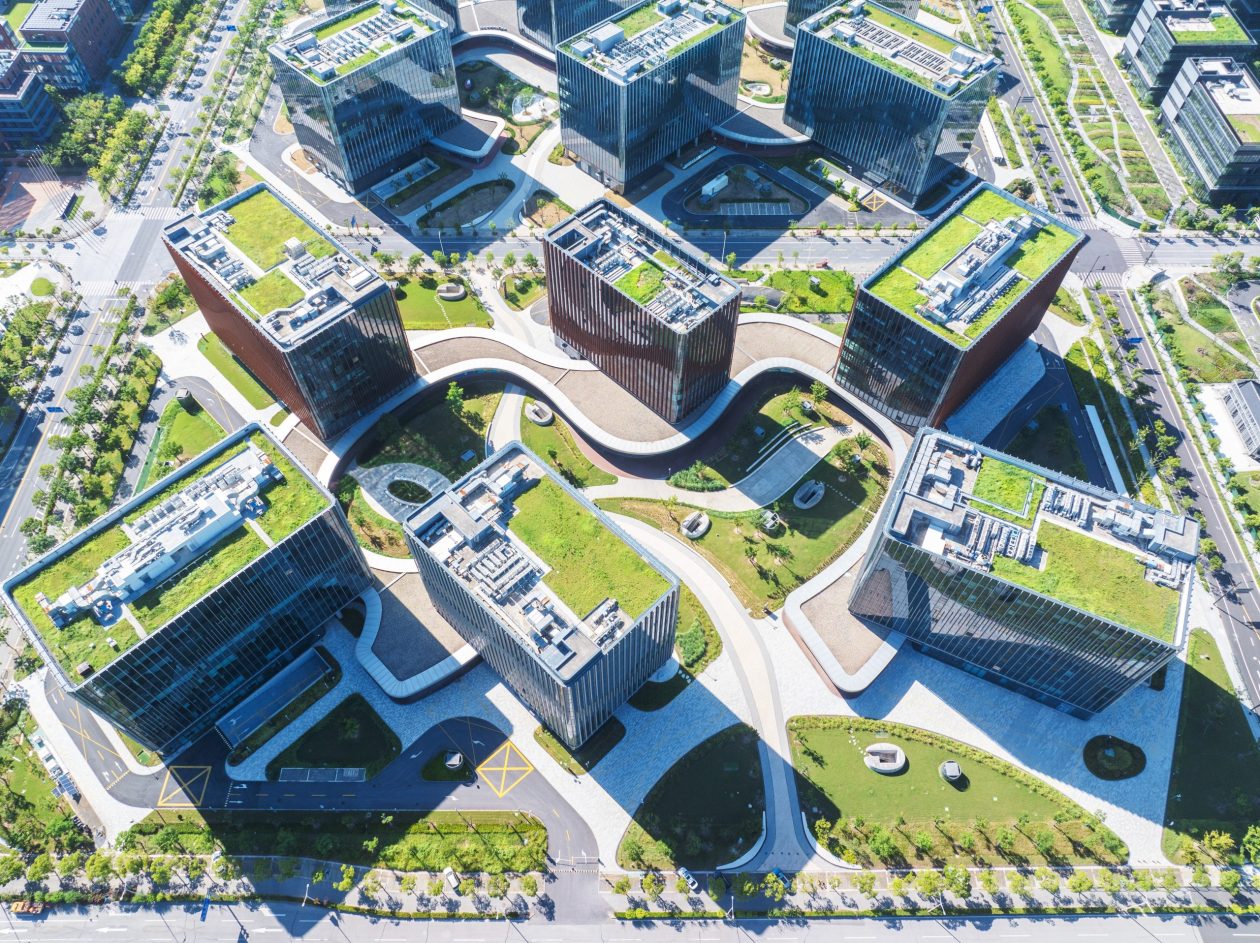 Aerial view of modern eco buildings