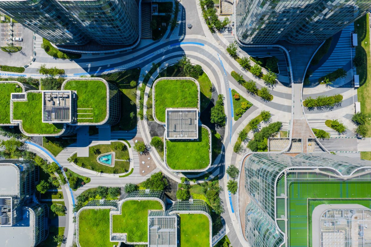 Aerial view of eco modern city, with green, eco concept